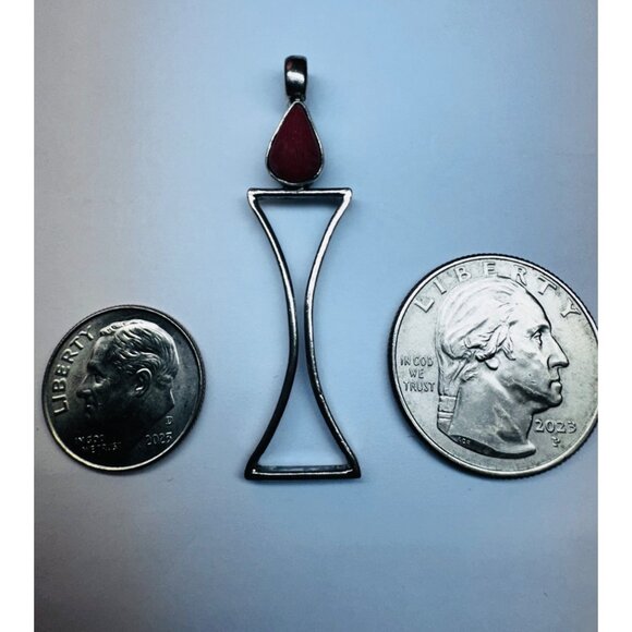 Vintage Sterling Silver 925 Red Stone Modernist Hourglass Pendant Estate Jewelry - Picture 7 of 9
